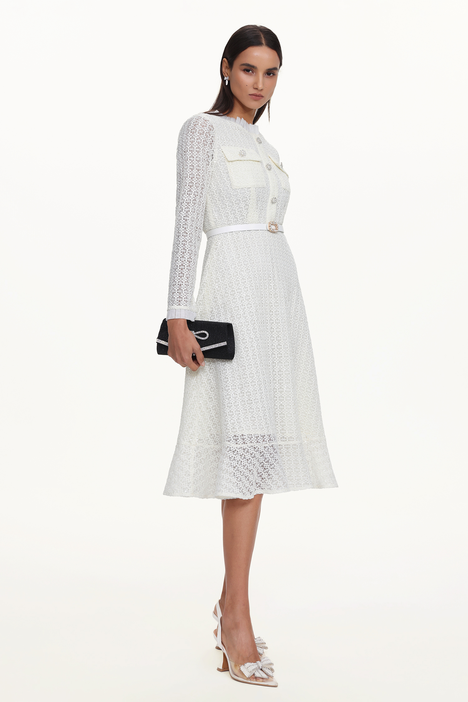 Deme Elegant Flowy Long Sleeve Rhinestone Woven Maxi Dress