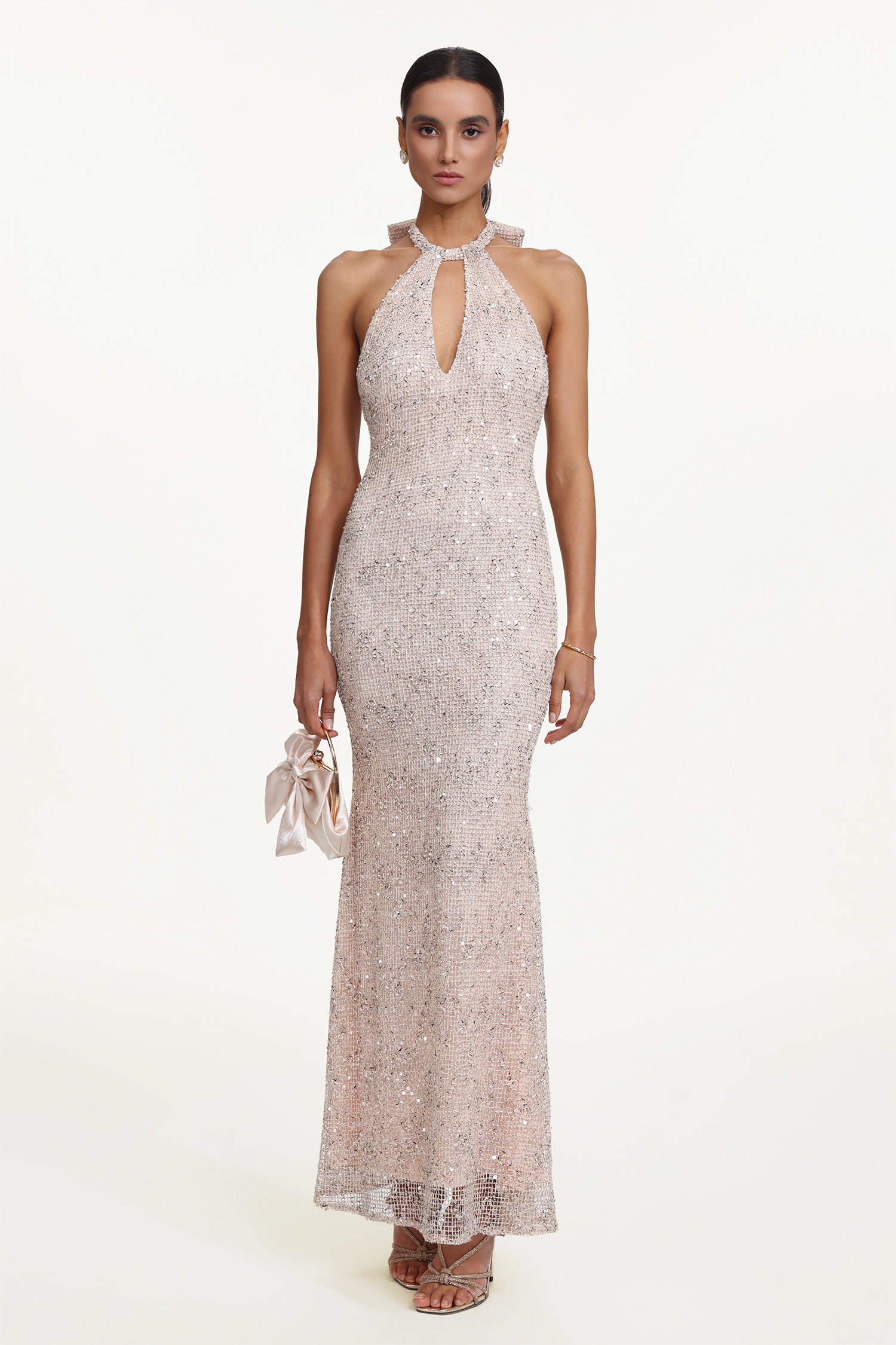 Saslim Chic Contour Halter Cut Out Sequin Maxi Dress