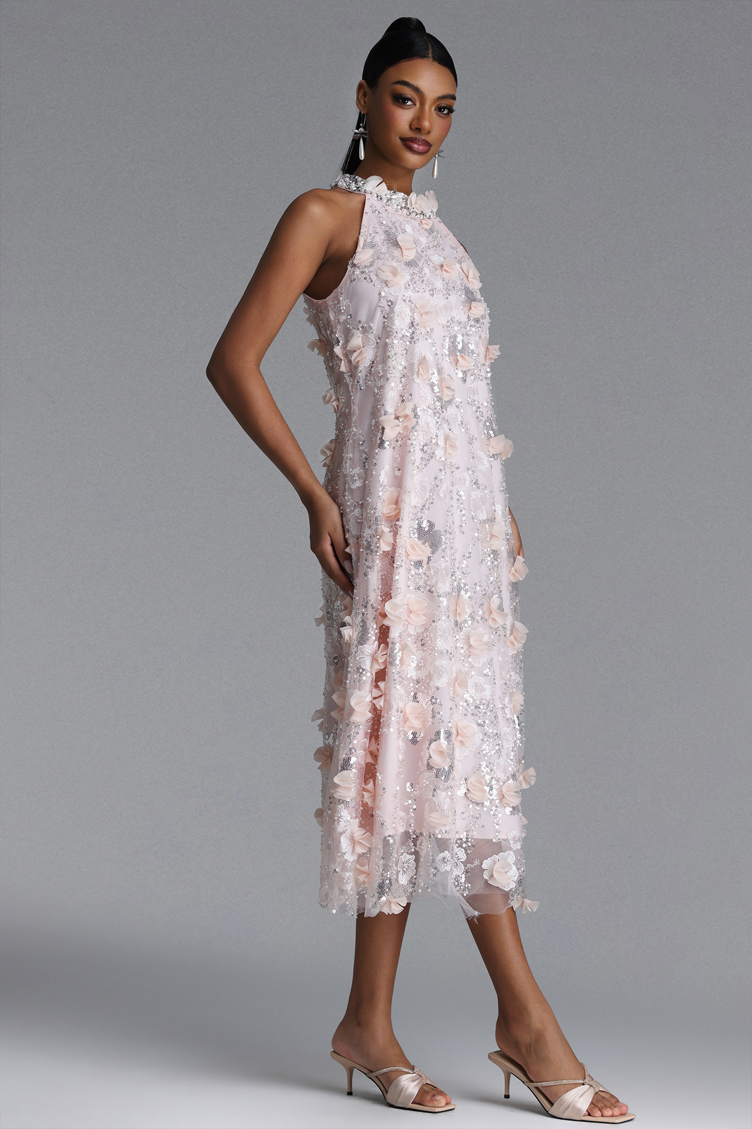 Faithe Elegant Tailored Halter Floral Sequin Maxi Dress