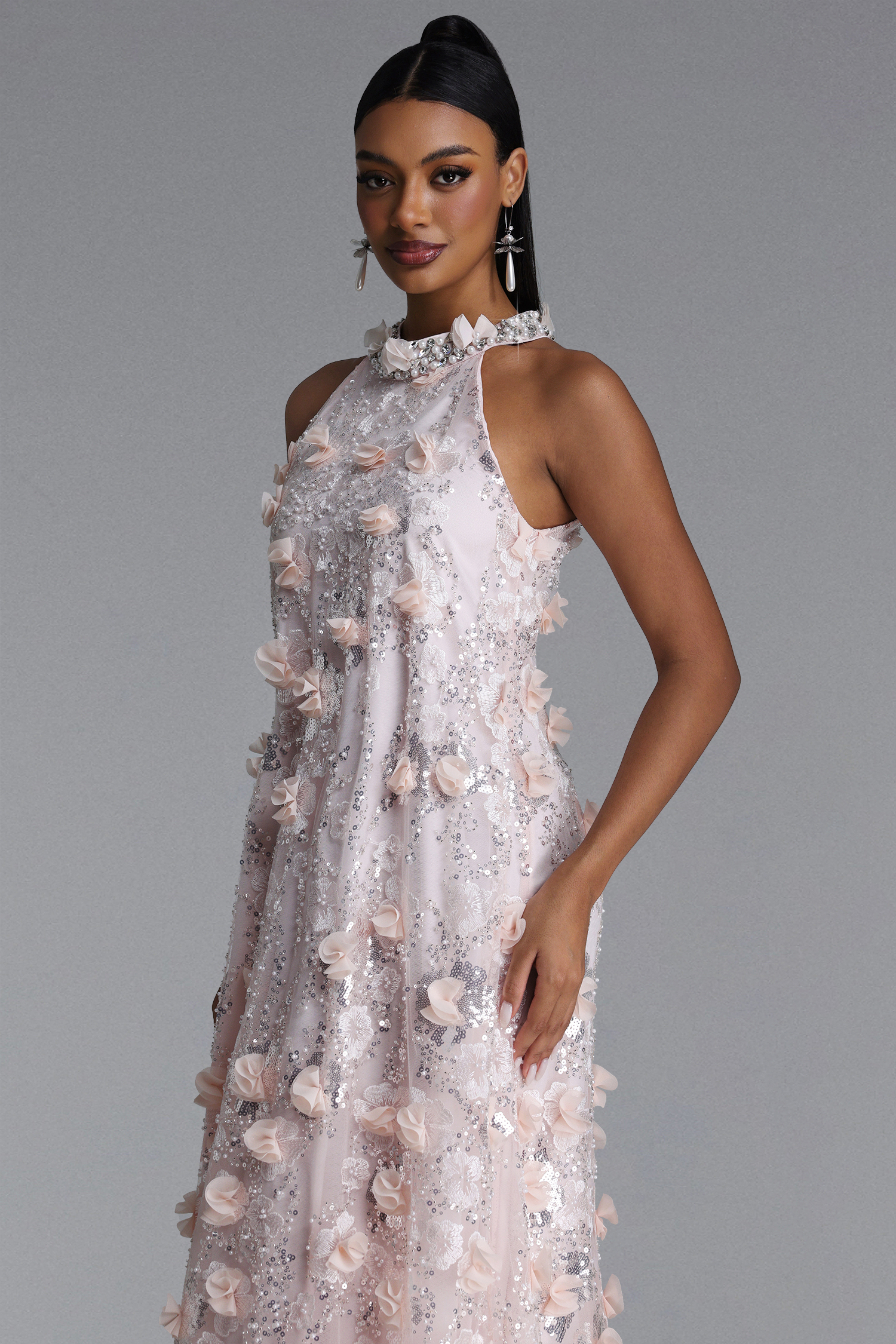 Faithe Elegant Tailored Halter Floral Sequin Maxi Dress