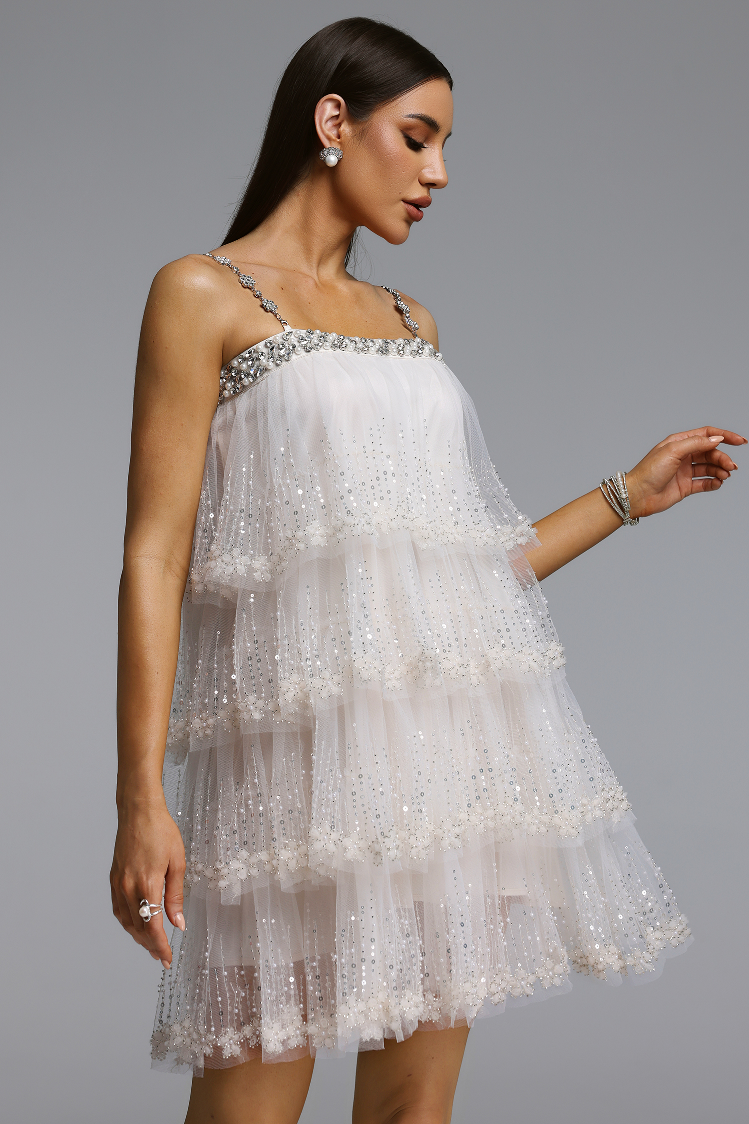 Umeko Elegant Flowy Tiered Ruffle Sequin Mini Dress
