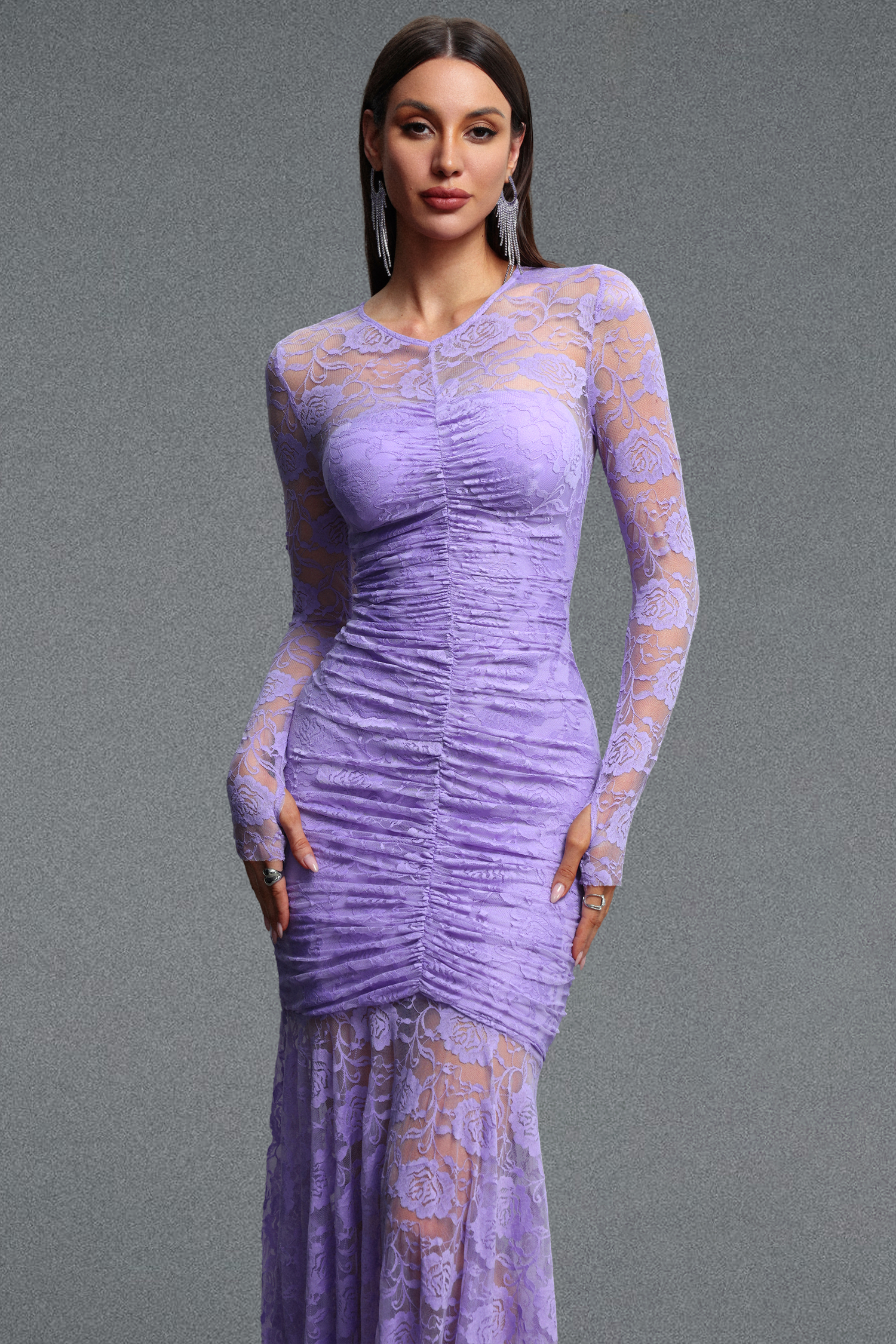 Halee Elegant Cinched Waist Long Sleeve Ruched Mermaid Lace Maxi Dress