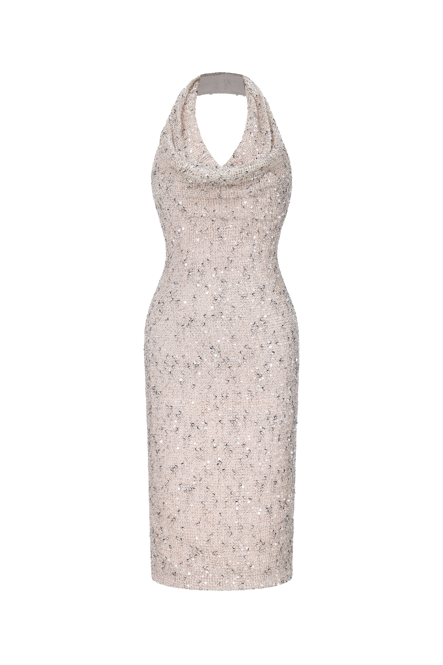 Pablo Chic Contour Halter Cowl Neck Sequin Midi Dress