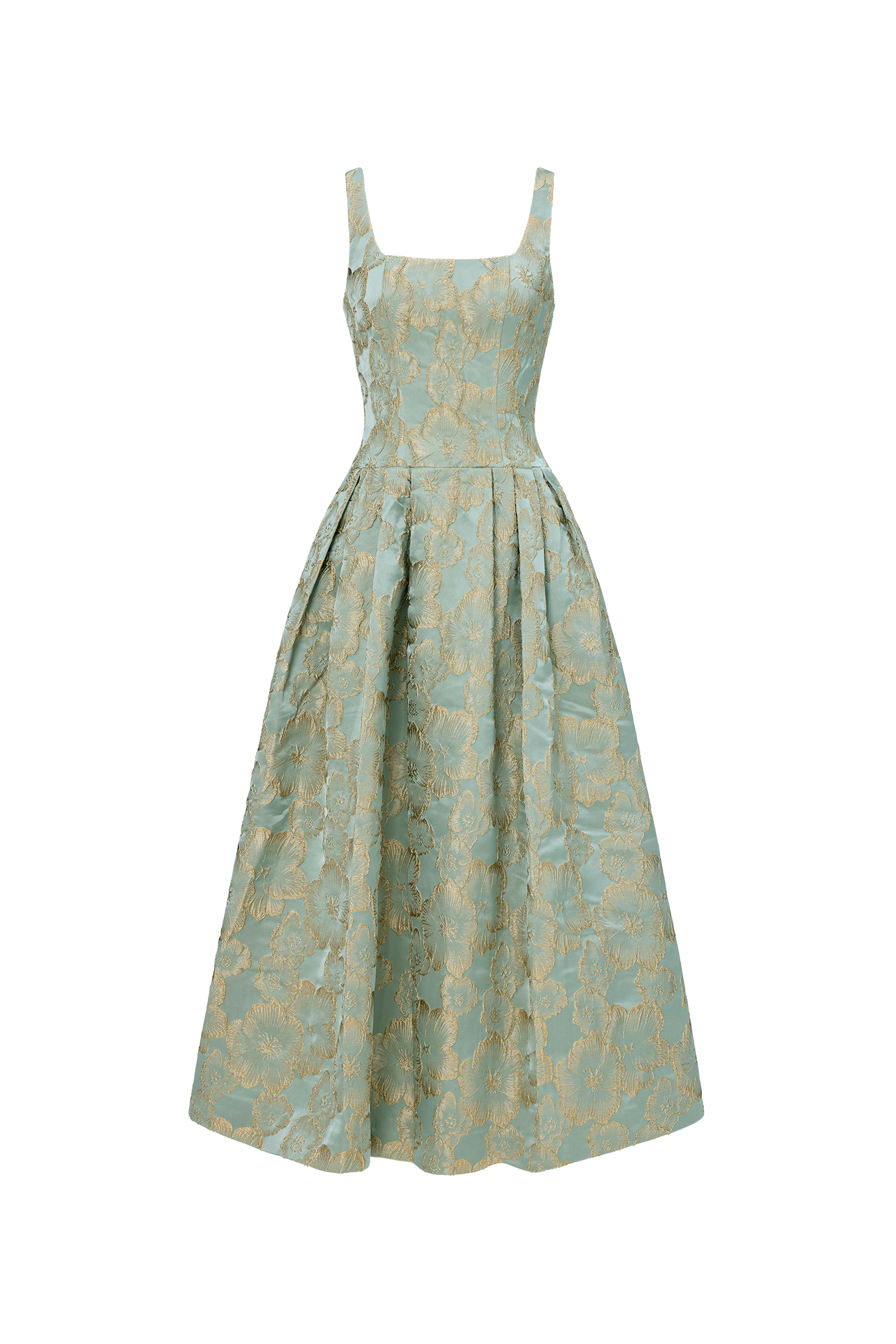 Kerta Elegant Tailored Square Neck Jacquard Pleated Floral Maxi Dress