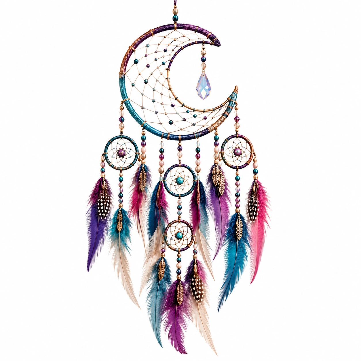 Acchiappasogni Mezza Luna Decorativo con Piume Multicolore-DECOZENTA