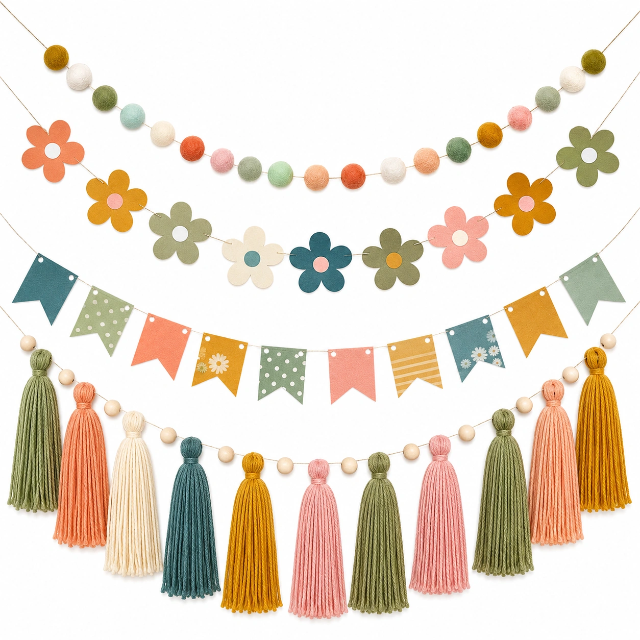 Ghirlande Decorative Multicolori con Fiori e Nappe-DECOZENTA
