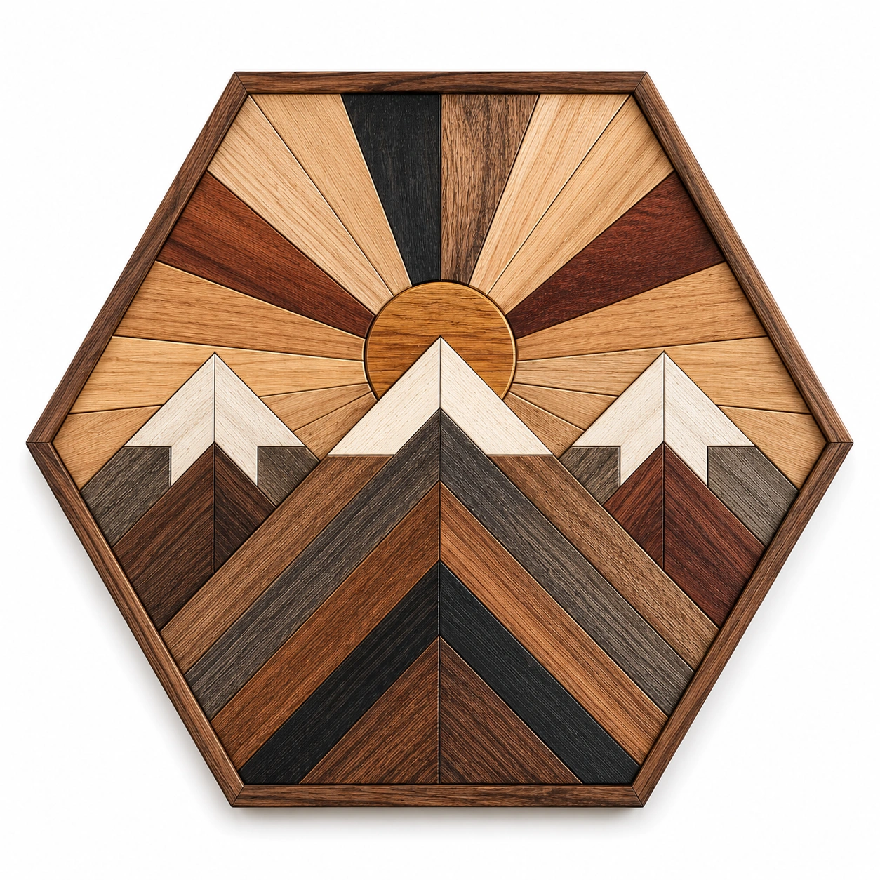 Decorazione Geometrica da Parete Esagonale con Montagne e Sole-DECOZENTA