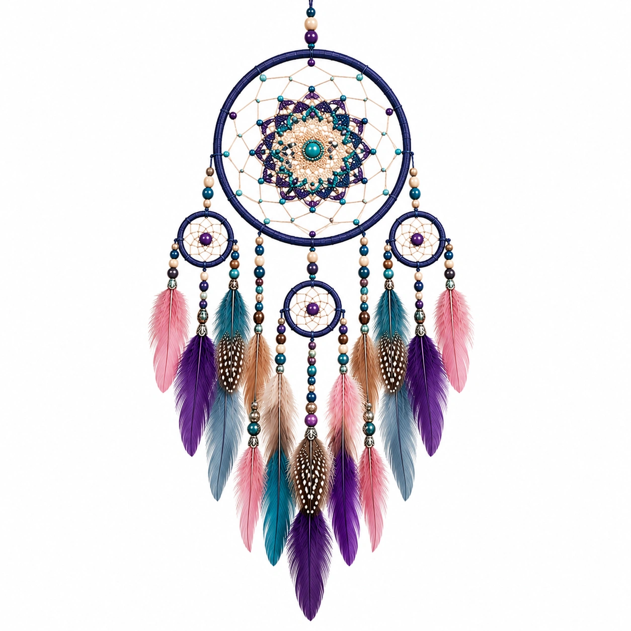 Acchiappasogni Decorativo con Piume Multicolore, Viola, Rosa e Turchese-XORDELVIX