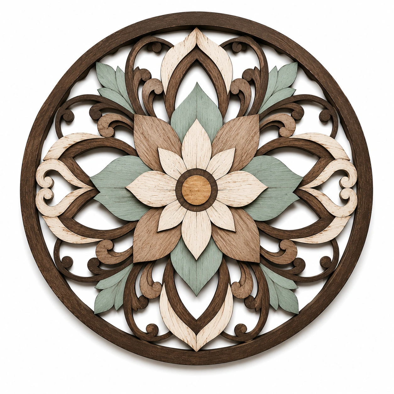 Decorazione murale intagliata rotonda floreale marrone verde beige-XORDELVIX