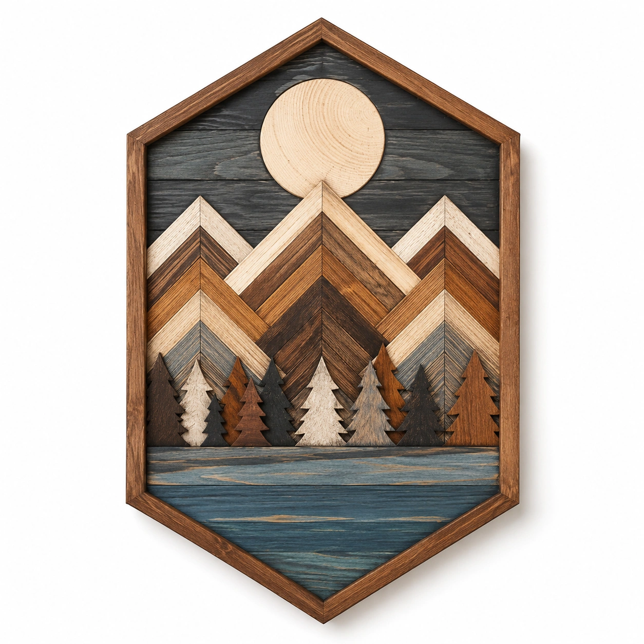 Decorazione da Parete Geometrica in Legno con Montagna e Luna-XORDELVIX