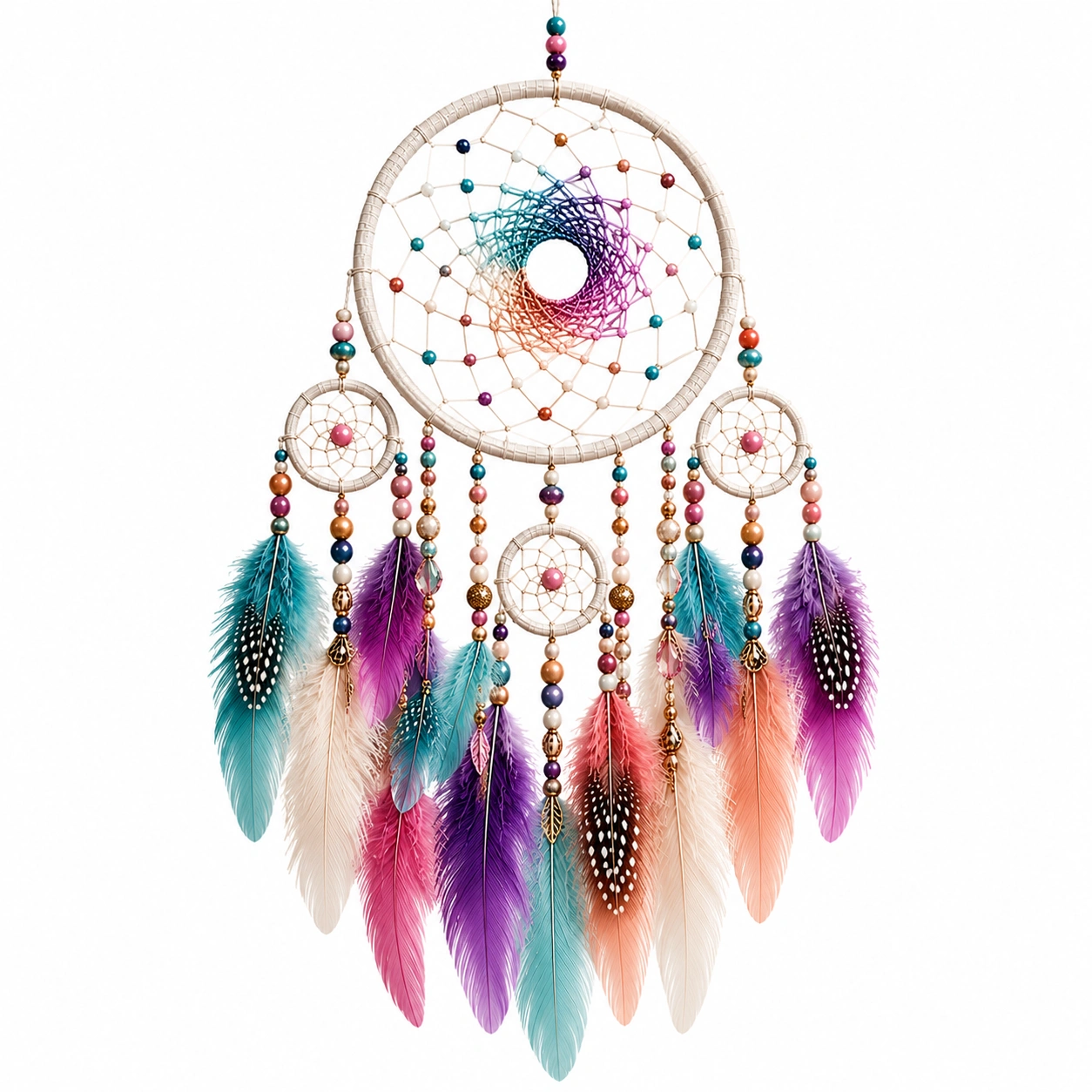 Acchiappasogni Decorativo con Piume Arcobaleno-TRELMAVIX