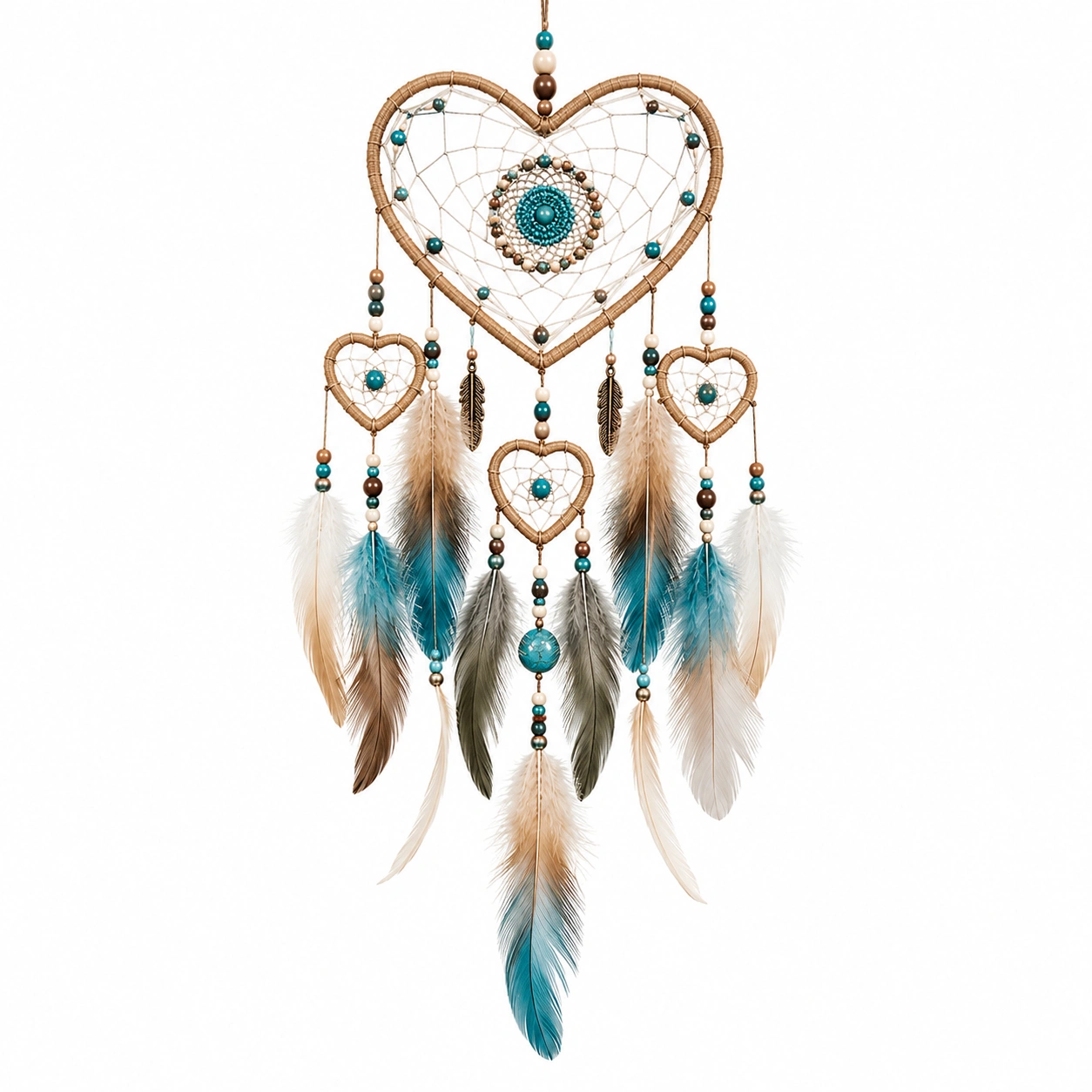 Acchiappasogni a Forma di Cuore con Piume Azzurre e Beige-TRELMAVIX