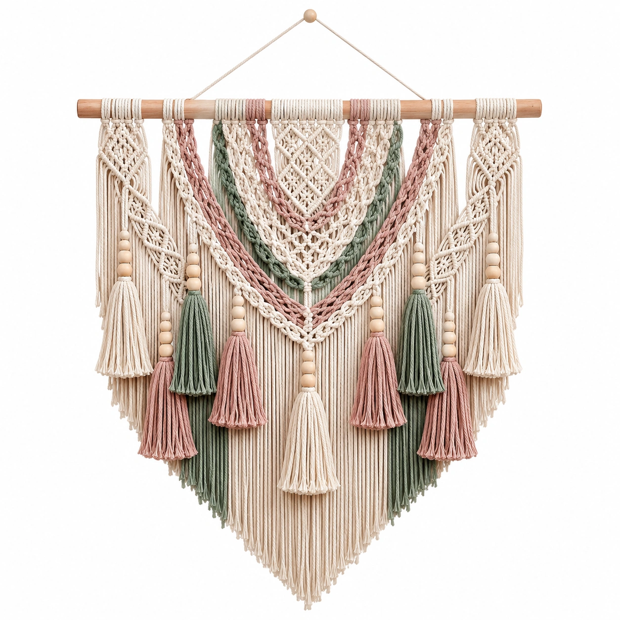 Arazzo Macramè Beige Verde Rosa Decorazione Parete-TRELMAVIX