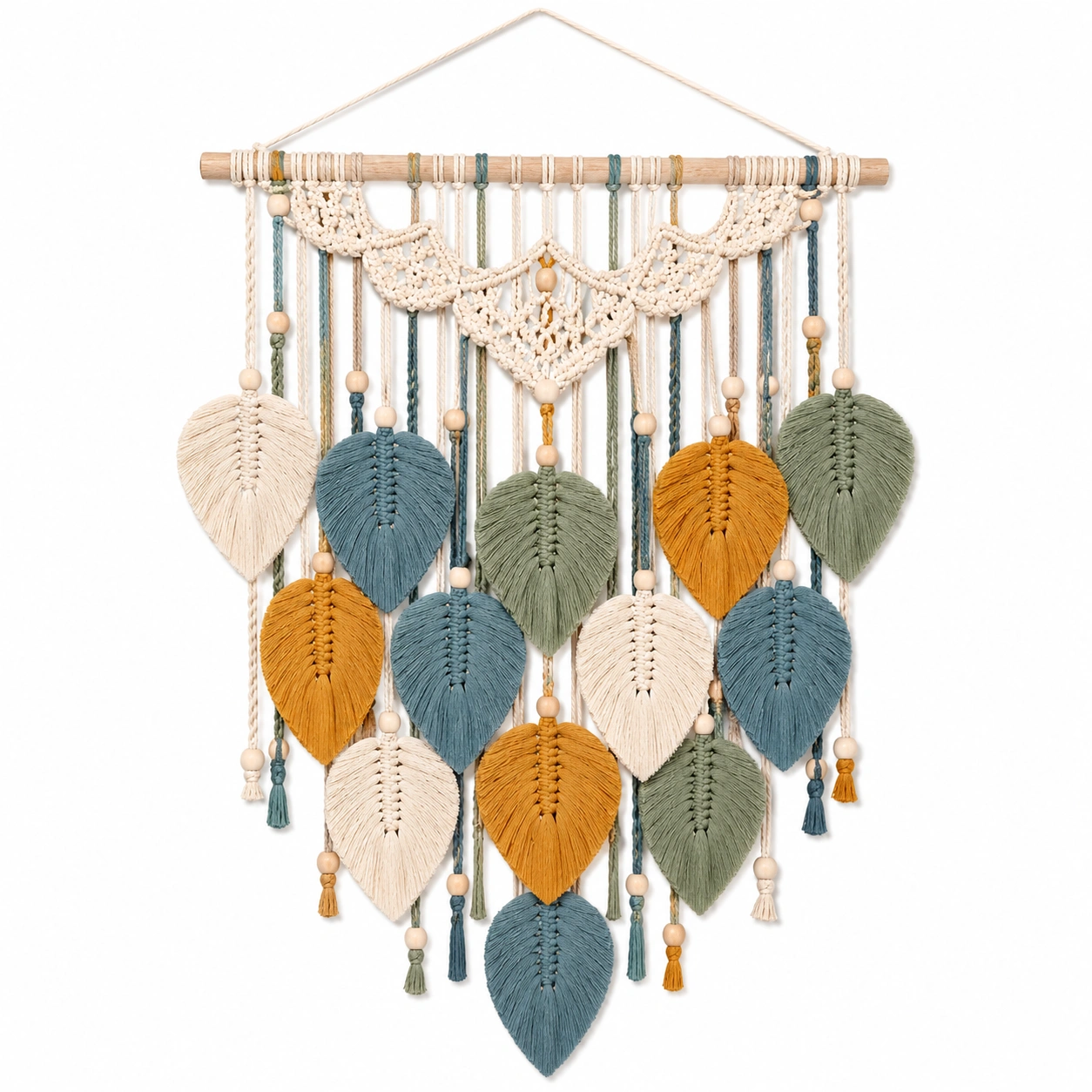 Arazzo da Parete in Macramè con Motivo Foglia Multicolore Beige, Verde, Senape e Blu-BRENQORIX