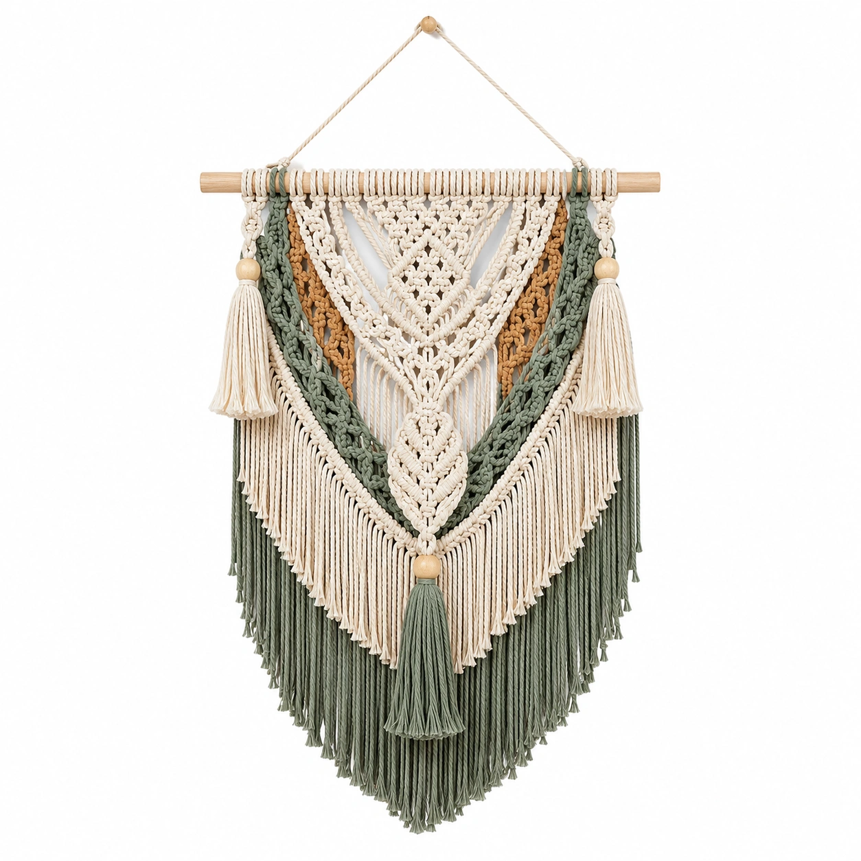 Arazzo Macramè Decorazione Parete Verde, Naturale e Ocra-BRENQORIX