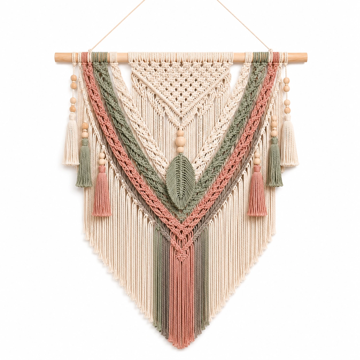 Arazzo Macramè da Parete in Bianco, Rosa e Verde con Frange Decorative-BRENQORIX