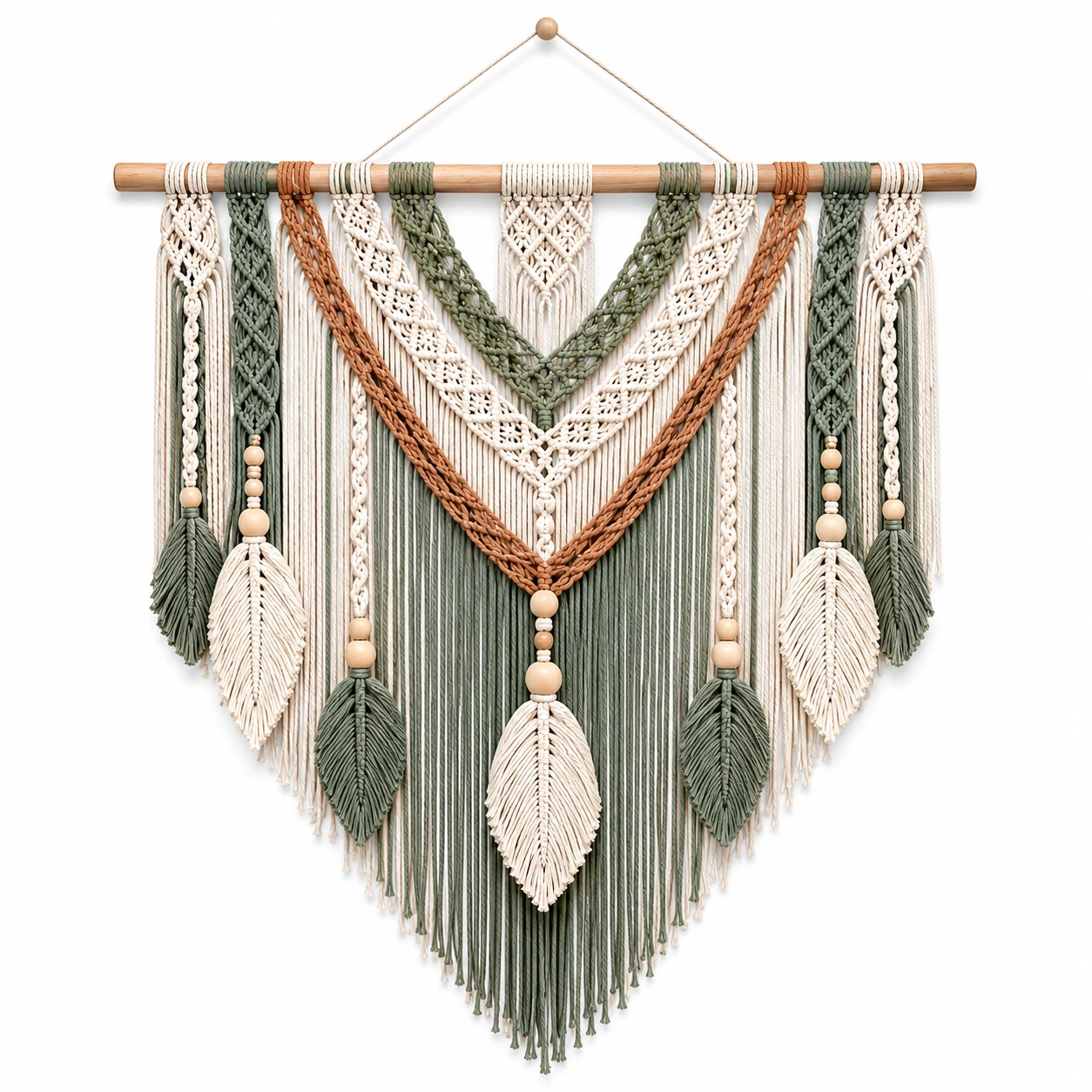 Arazzo da Parete Macramè Bohemien Beige e Verde con Foglie-BRENQORIX