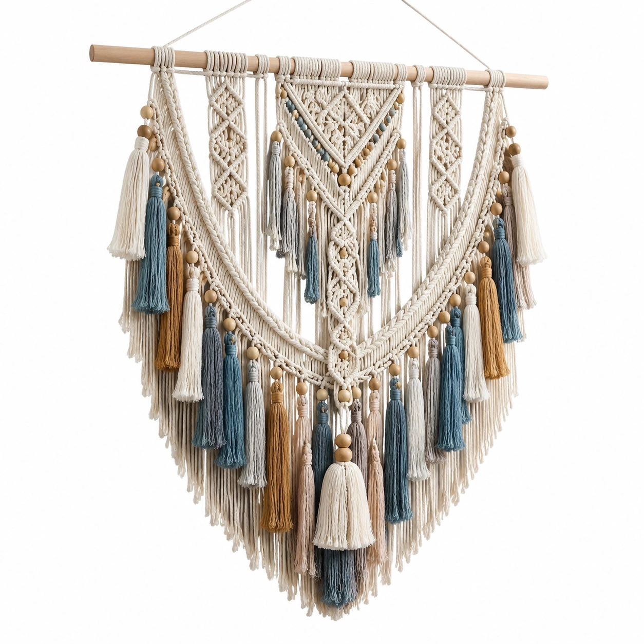 Arazzo Decorativo in Macramè 75x65 cm Crema/Blu/Beige-BRENQORIX