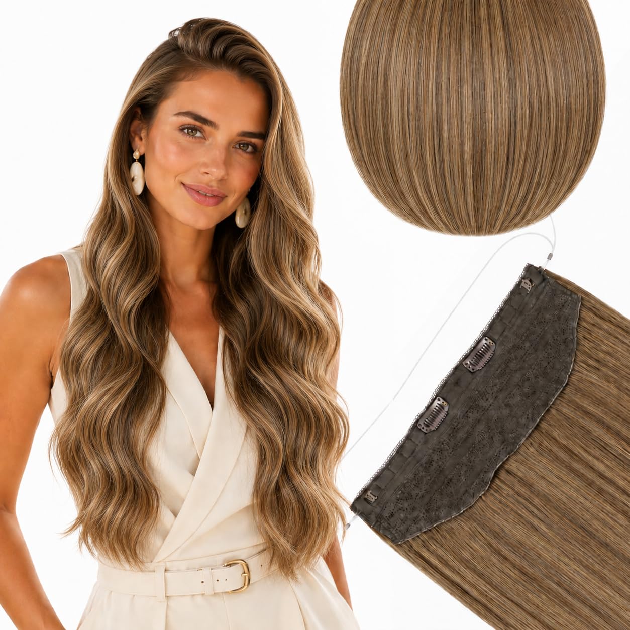 SISIYUYU Halo Hair Extensions Real Remy Human Hair, 12 Inch, 70g, Dimensional Rooted Sunkissed Brown, Invisible Wire for Thin Hair & Natural Volume - image 3