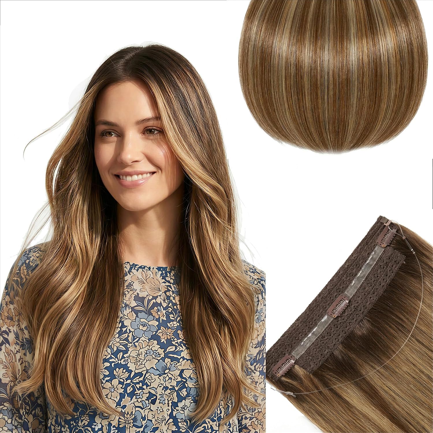 SISIYUYU Halo Hair Extensions Real Remy Human Hair, 12 Inch, 95g, Dark Blonde with Honey Highlights, Invisible Wire for Thin Hair & Natural Volume - image 9