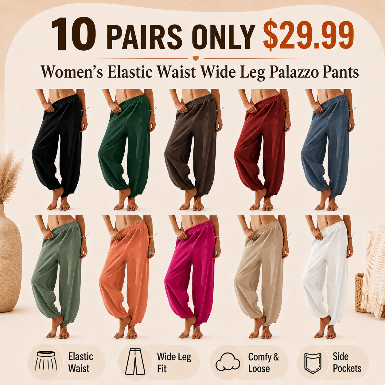 Women's Elastic Waist Wide Leg Palazzo Pants