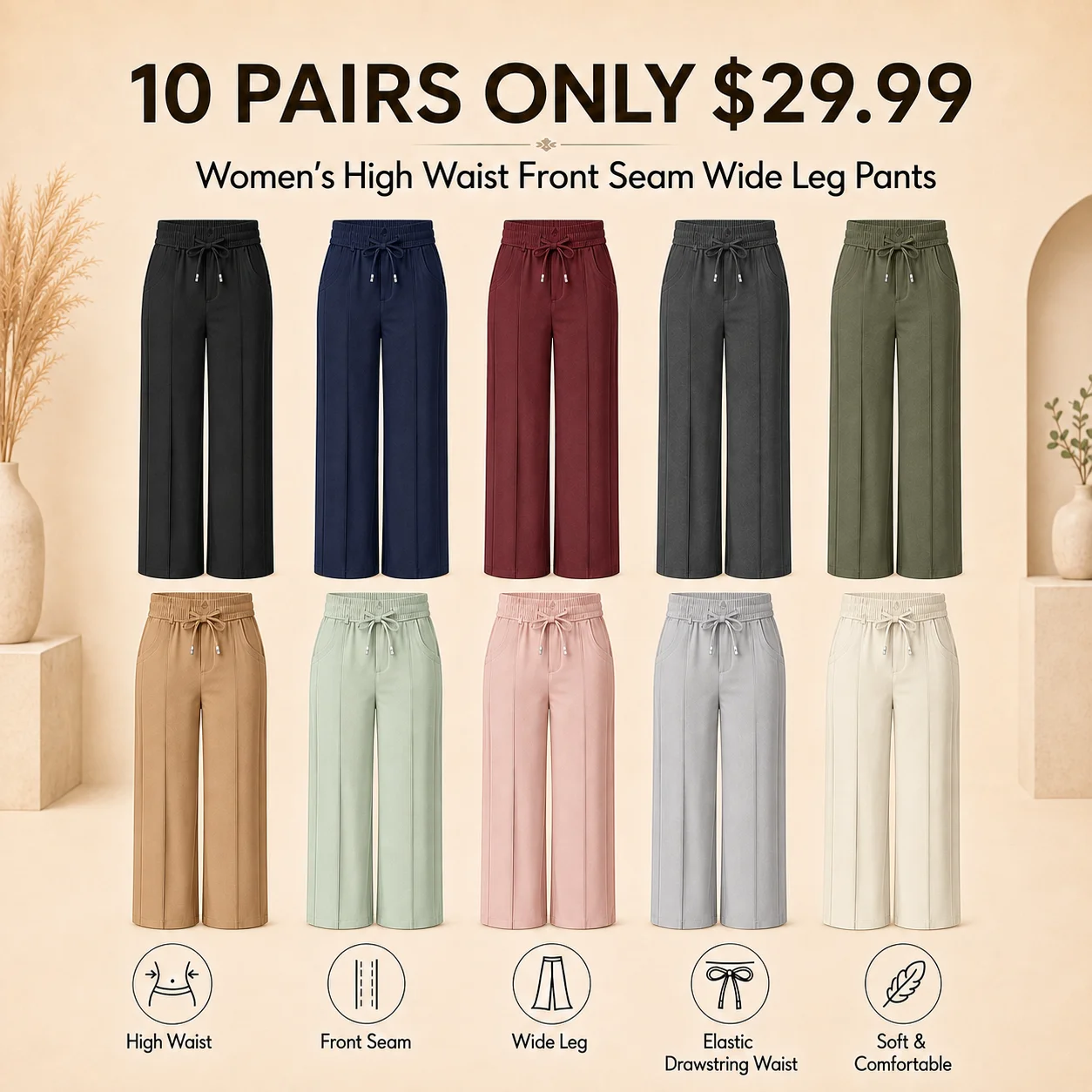 Women's High Waist Front Seam Wide Leg Pants