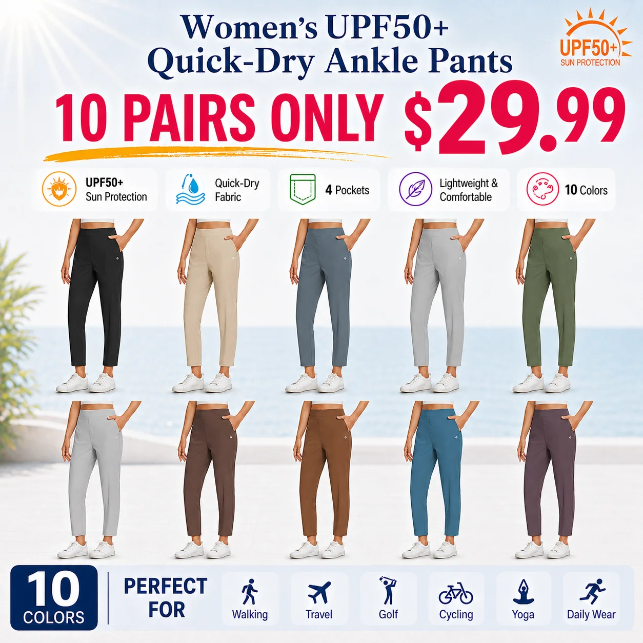 Women's UPF50+ Quick-Dry Ankle Pants with 4 Pockets