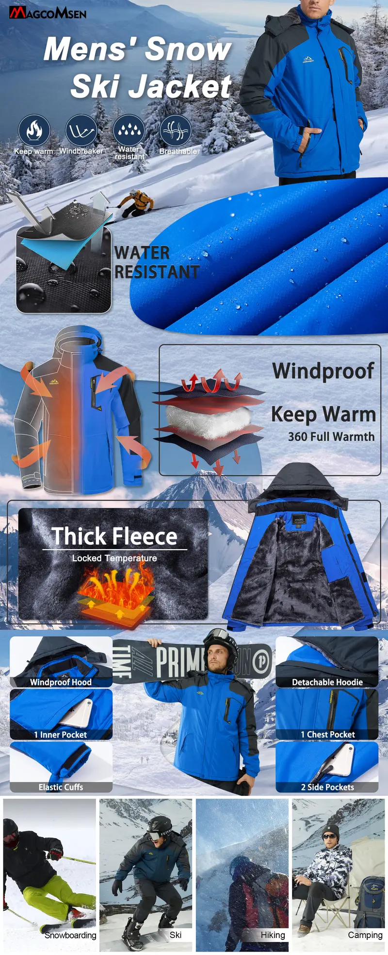 MAGCOMSEN Men's Fitted Winter Waterproof High Neck Ski Hiking Jacket - Mensfashion Clothes, Polyester Clothing Sportswear, Detachable Storm Hood, Warm Fleece, Multi-Pockets, Wind-Resistant Zip, for Fishing, Outdoor Travel MAGCOMSEN Men's Fitted Winter Waterproof High Neck Ski Hiking Jacket - Mensfashion Clothes, Polyester Clothing Sportswear, Detachable Storm Hood, Warm Fleece, Multi-Pockets, Wind-Resistant Zip, for Fishing, Outdoor Travel