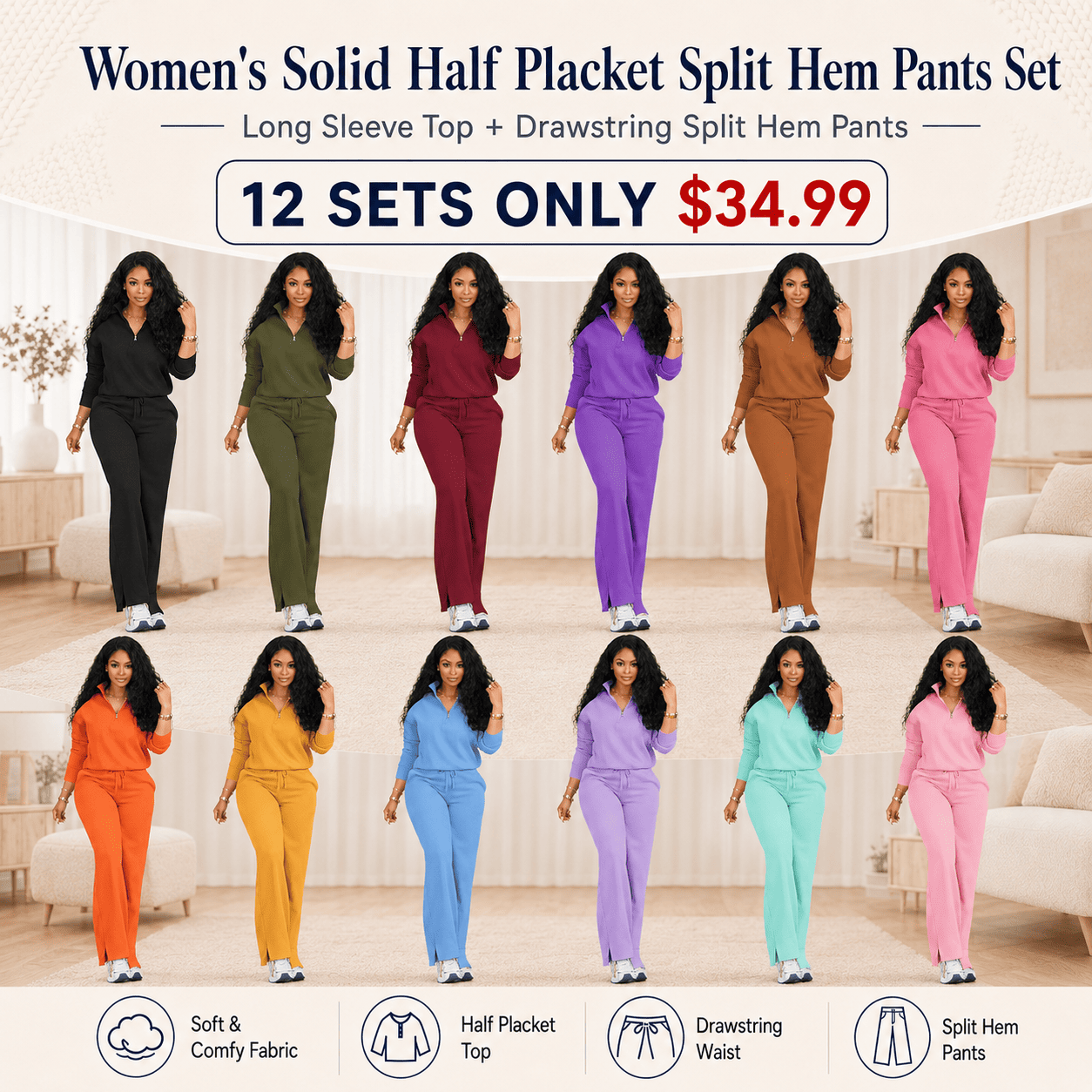 Women's Solid Half Placket Split Hem Pants Set