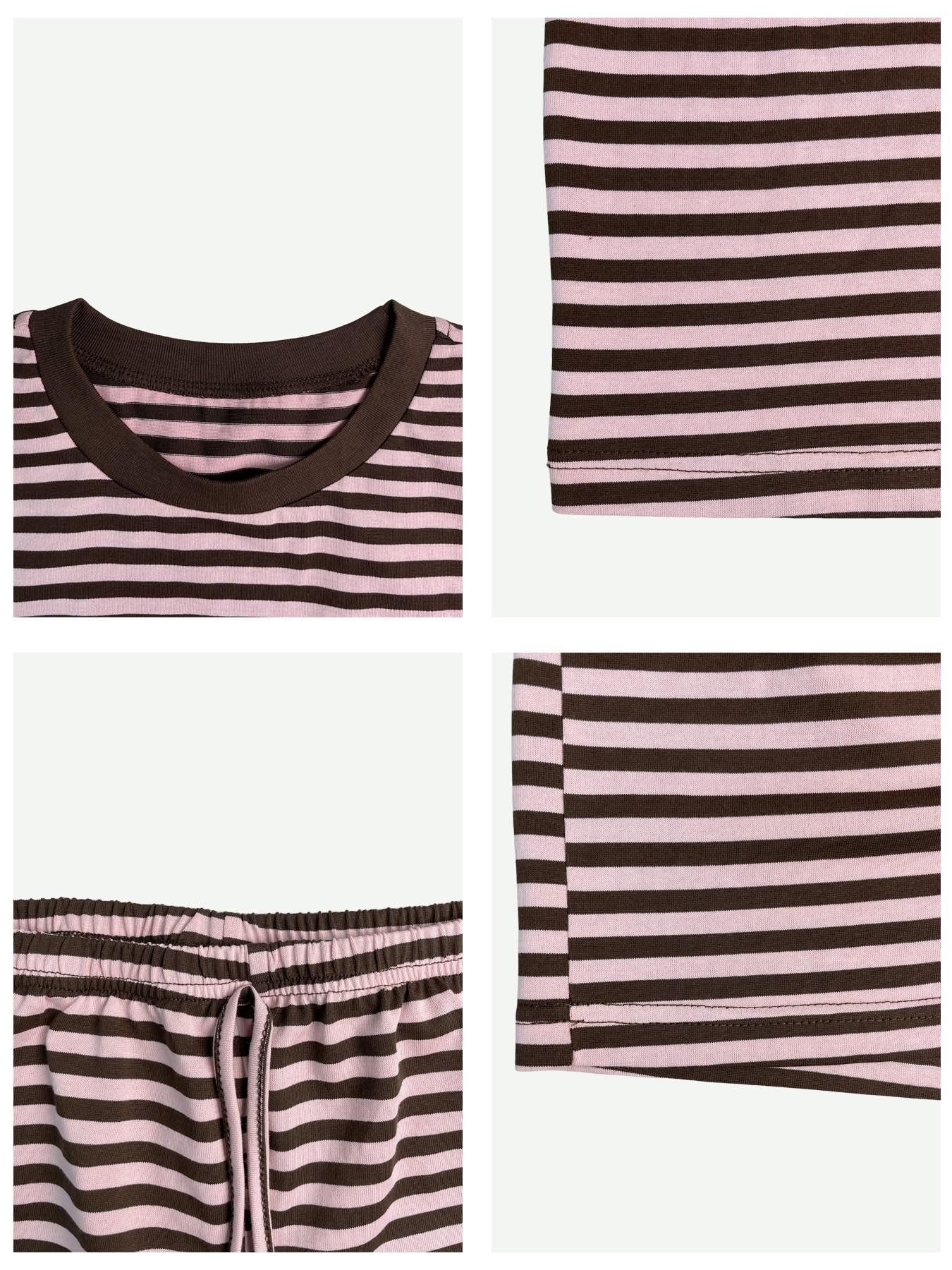 2 Spring Summer Stripe Print 2 Piece Outfit Women Clothes | Oversized T-Shirt + Drawstring Shorts | Soft Casual Knit Lounge Set | Y2K Clean Girl Style for Daily Home Vacation Wear