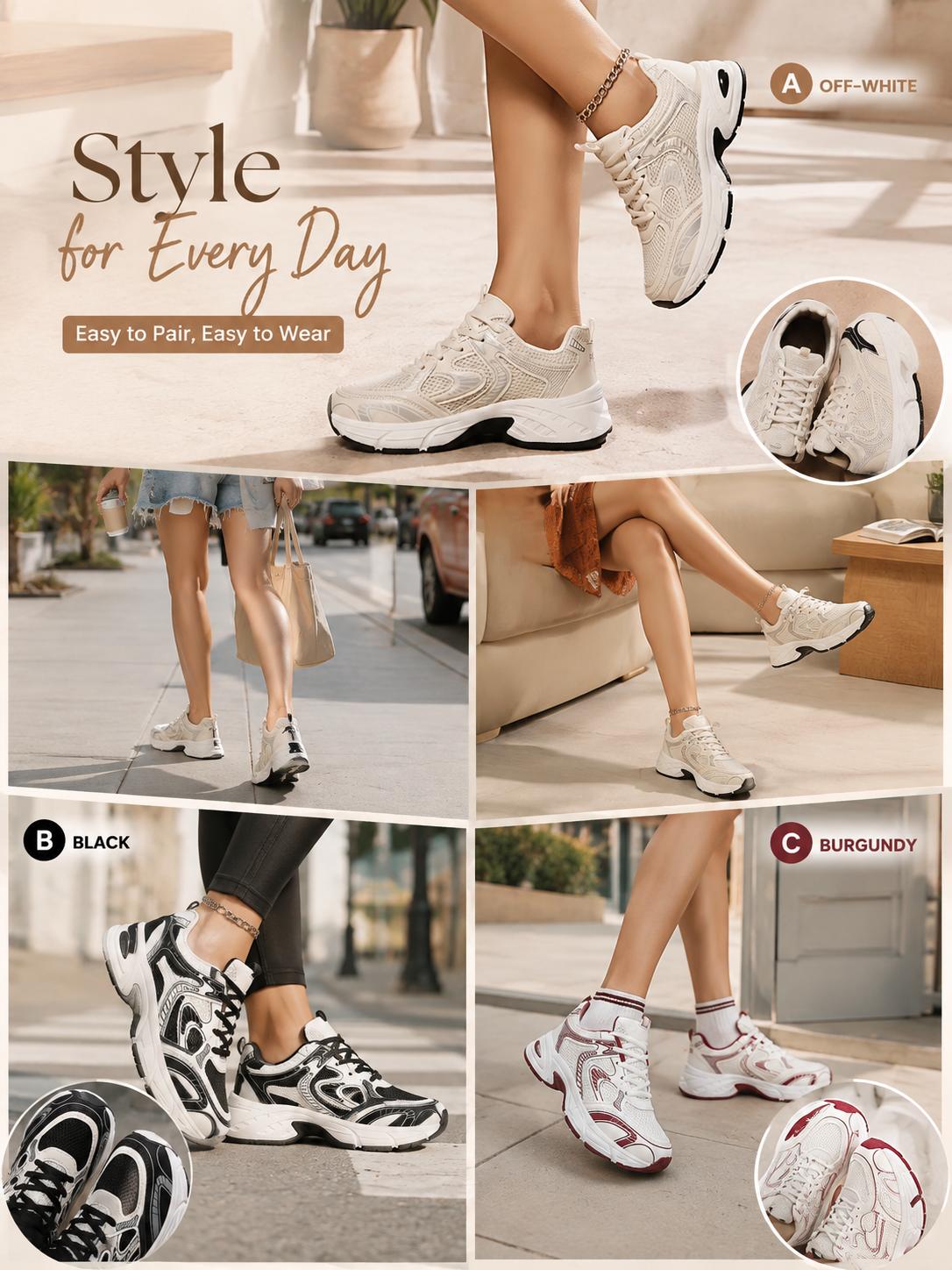 Women&rsquo;s Chunky Lace-Up Sneakers - Breathable Mesh, Lightweight Multi-Function Shoes for Casual Walking & Sport Activities