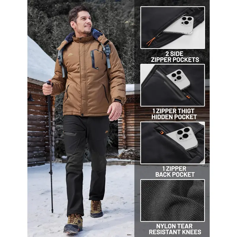 Men's Water-Resistant Fleece-Lined Snow Pants with 4 Zip Pockets & Reinforced Knees