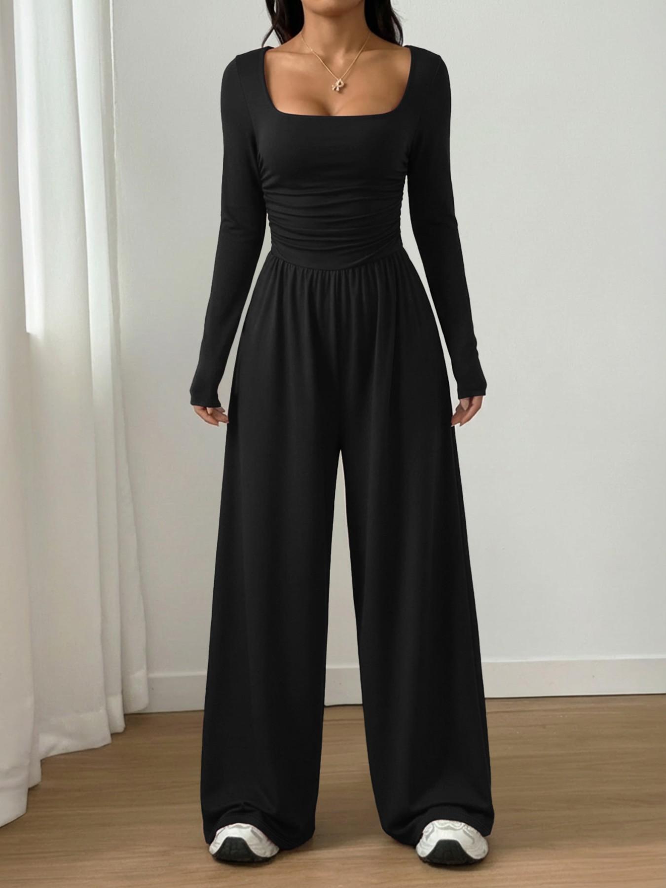 Women’s 100% Cotton Long Sleeve Knit Wide-Leg Jumpsuit with Pockets