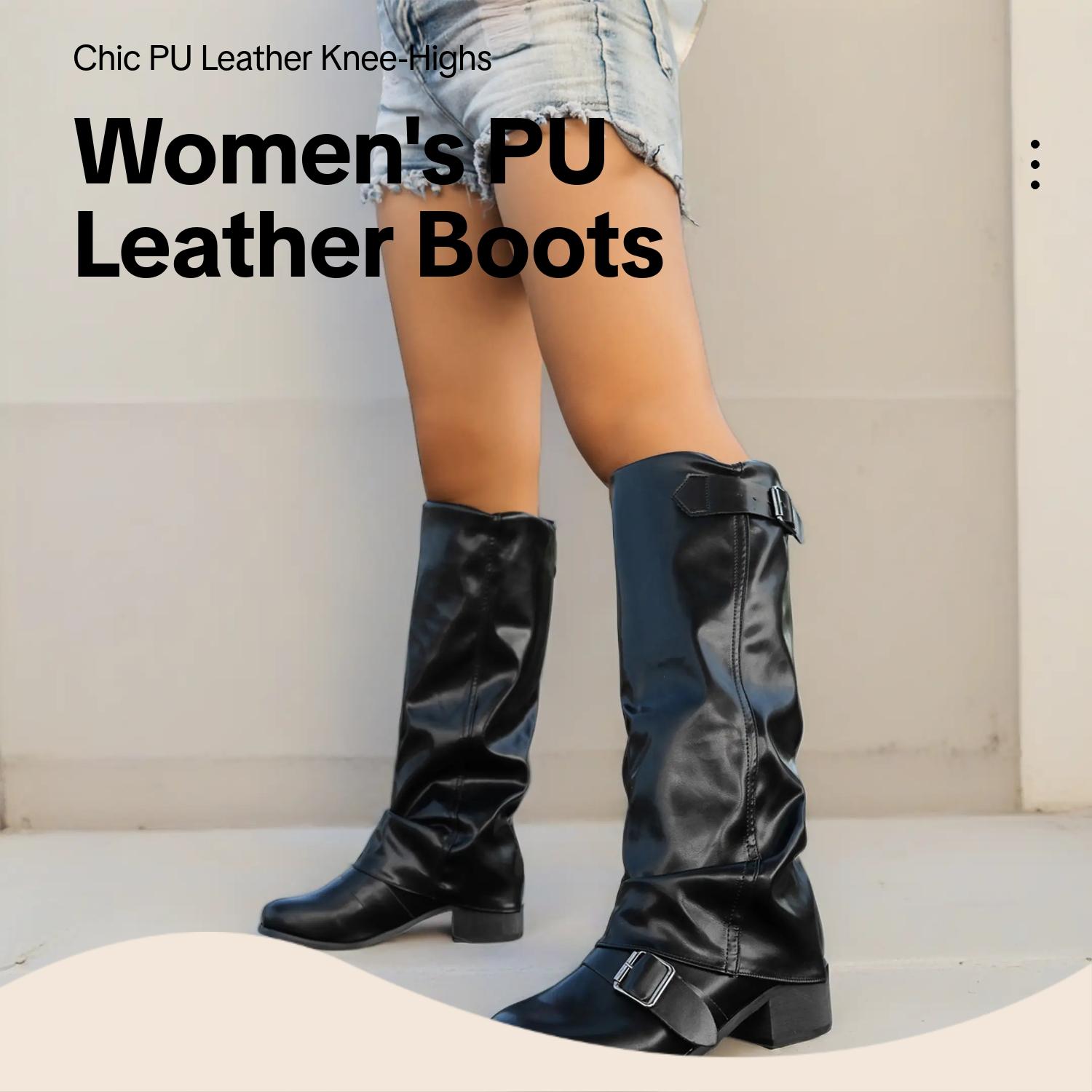 Women's Fashion Faux Leather Low Heel Boots, Casual Belted Knee High Boots, Round Toe Rubber Sole, Fall & Winter Style, Pull On Boots, Trendy Boots, Boots Shoes Women's Fashion Faux Leather Low Heel Boots, Casual Belted Knee High Boots, Round Toe Rubber Sole, Fall & Winter Style, Pull On Boots, Trendy Boots, Boots Shoes