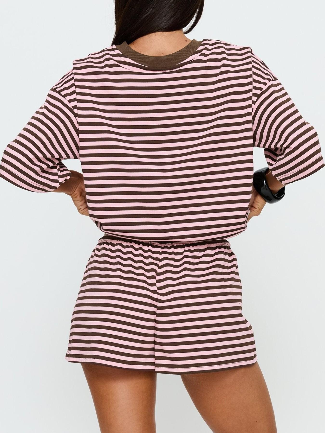 2 Spring Summer Stripe Print 2 Piece Outfit Women Clothes | Oversized T-Shirt + Drawstring Shorts | Soft Casual Knit Lounge Set | Y2K Clean Girl Style for Daily Home Vacation Wear