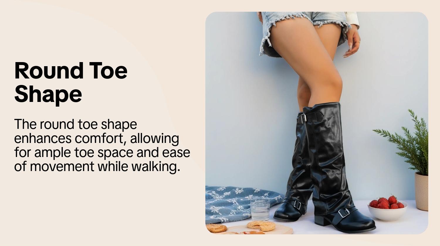 Women's Fashion Faux Leather Low Heel Boots, Casual Belted Knee High Boots, Round Toe Rubber Sole, Fall & Winter Style, Pull On Boots, Trendy Boots, Boots Shoes Women's Fashion Faux Leather Low Heel Boots, Casual Belted Knee High Boots, Round Toe Rubber Sole, Fall & Winter Style, Pull On Boots, Trendy Boots, Boots Shoes