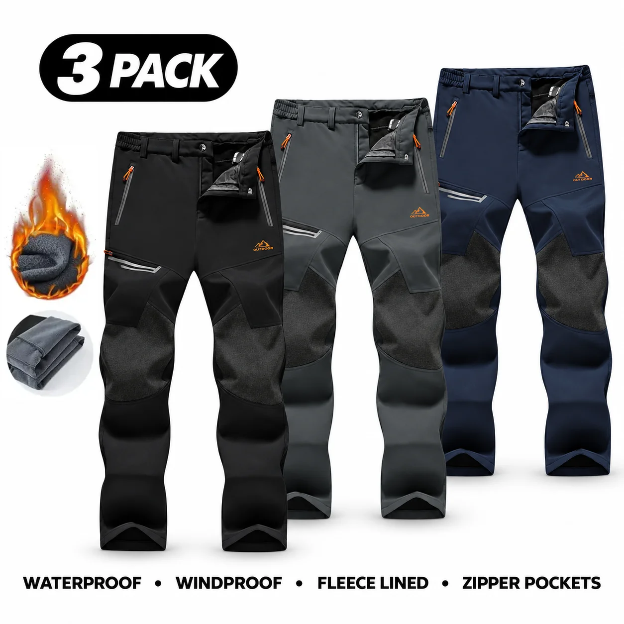 Men's Water-Resistant Fleece-Lined Snow Pants with 4 Zip Pockets & Reinforced Knees