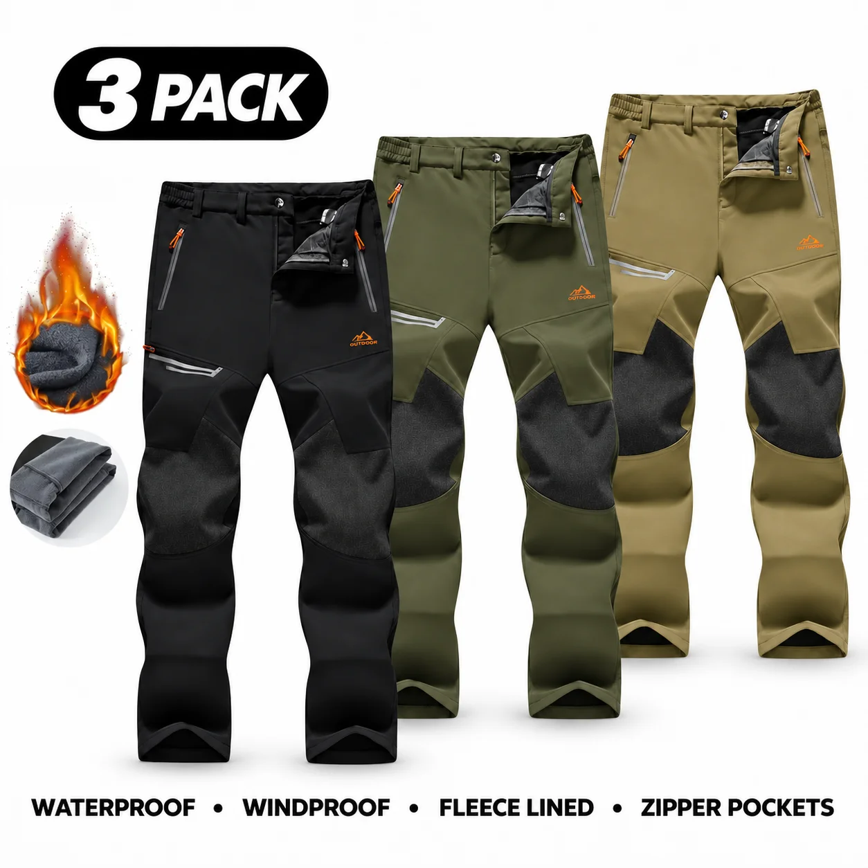Men's Water-Resistant Fleece-Lined Snow Pants with 4 Zip Pockets & Reinforced Knees