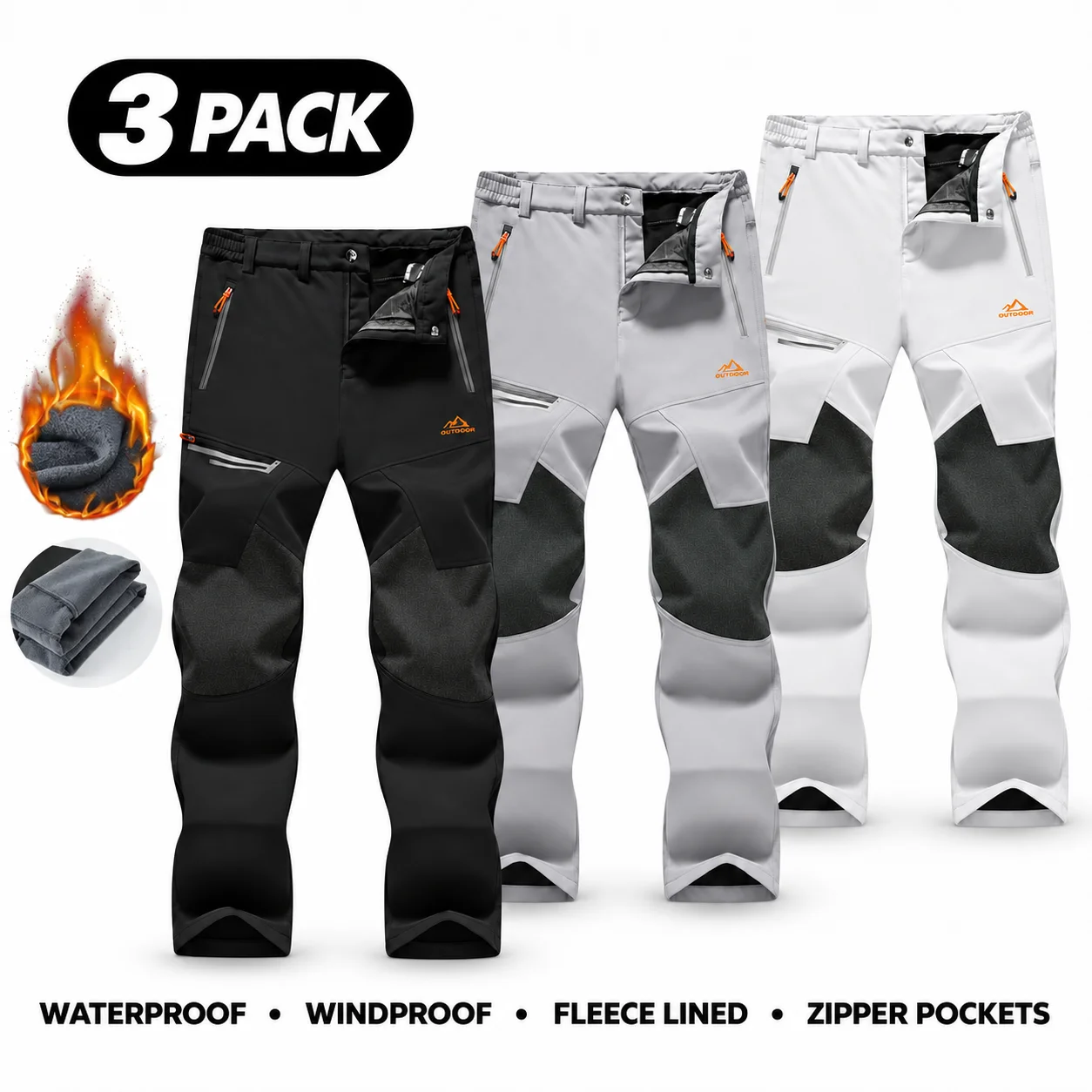 Men's Water-Resistant Fleece-Lined Snow Pants with 4 Zip Pockets & Reinforced Knees