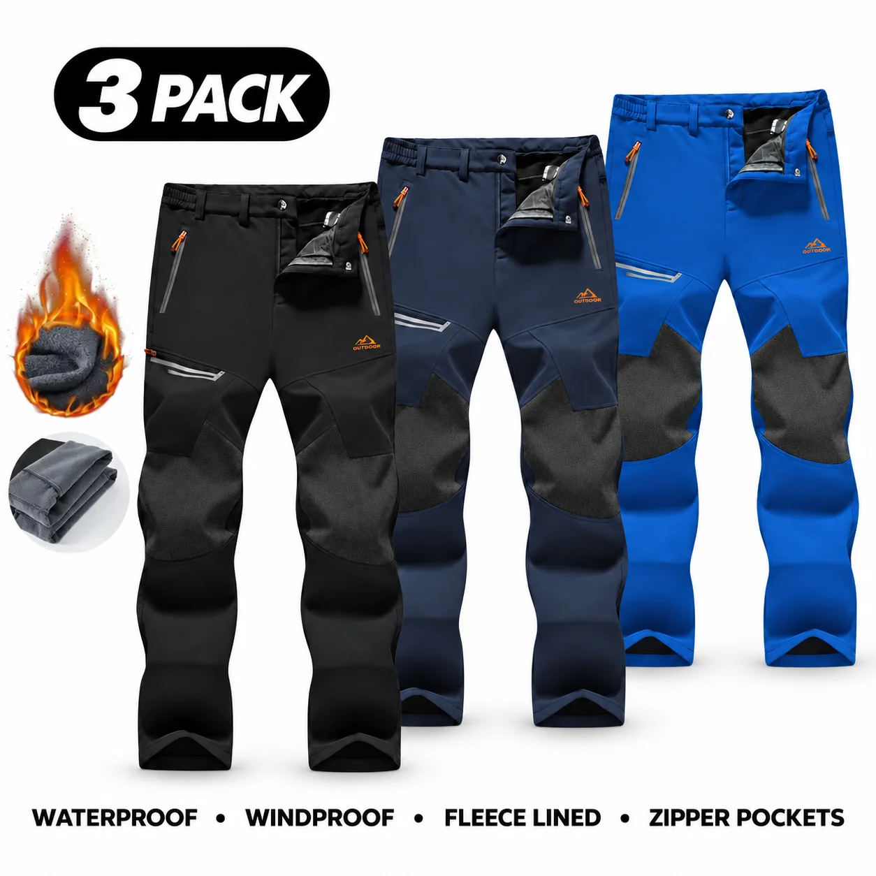 Men's Water-Resistant Fleece-Lined Snow Pants with 4 Zip Pockets & Reinforced Knees