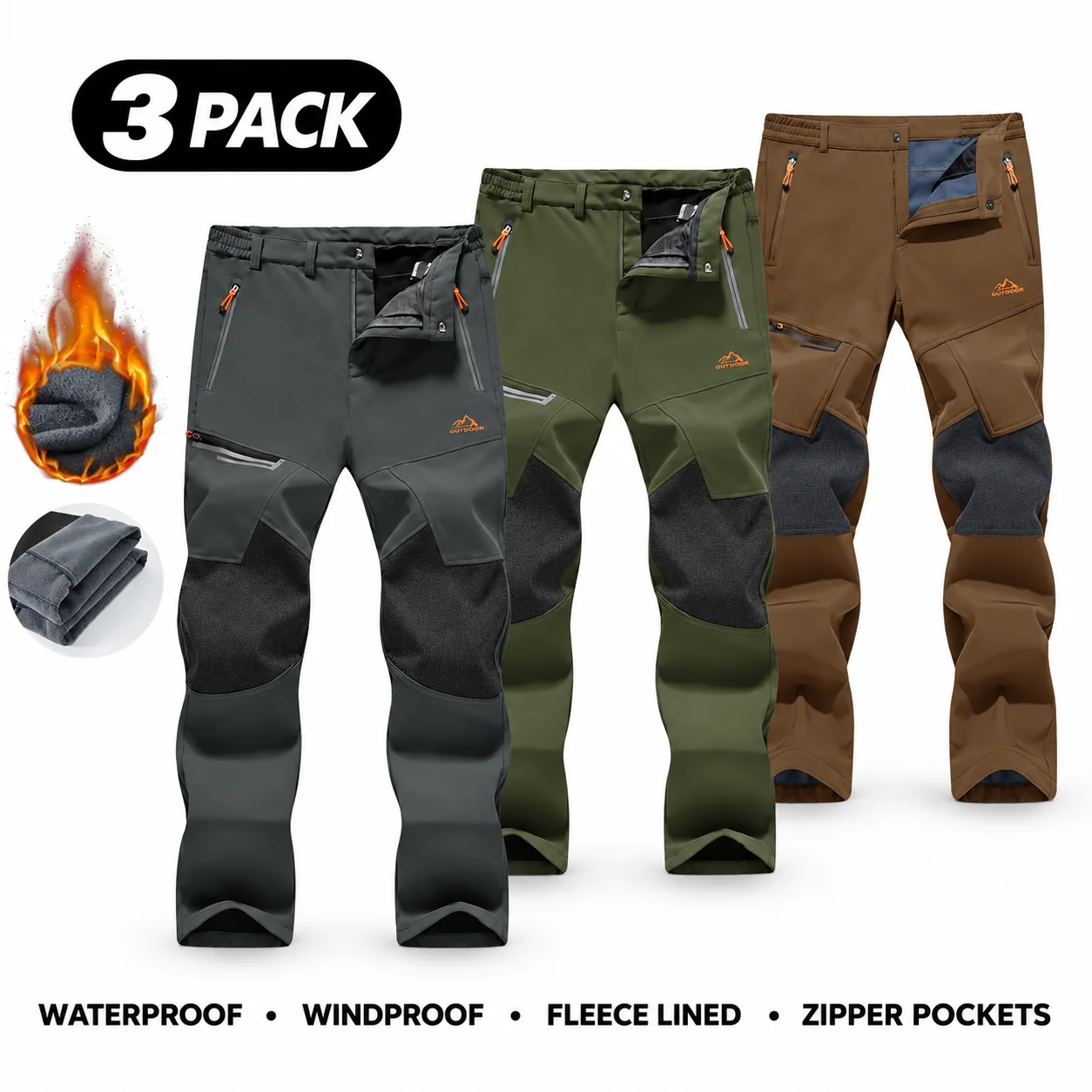 Men's Water-Resistant Fleece-Lined Snow Pants with 4 Zip Pockets & Reinforced Knees