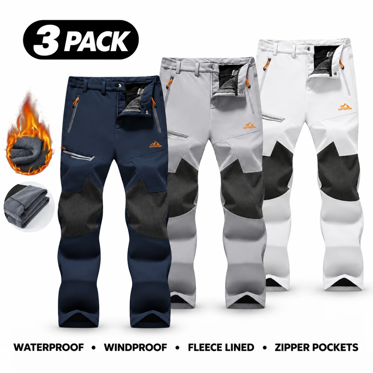 Men's Water-Resistant Fleece-Lined Snow Pants with 4 Zip Pockets & Reinforced Knees