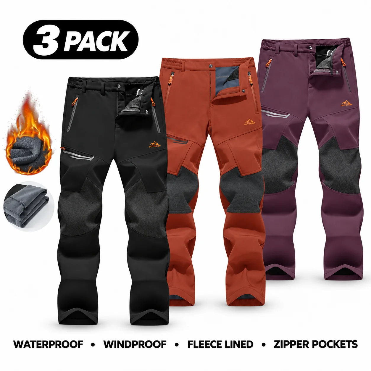 Men's Water-Resistant Fleece-Lined Snow Pants with 4 Zip Pockets & Reinforced Knees