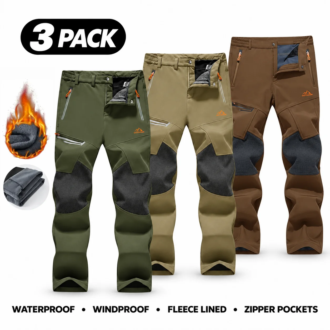 Men's Water-Resistant Fleece-Lined Snow Pants with 4 Zip Pockets & Reinforced Knees