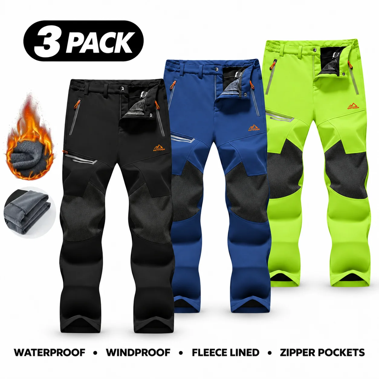 Men's Water-Resistant Fleece-Lined Snow Pants with 4 Zip Pockets & Reinforced Knees