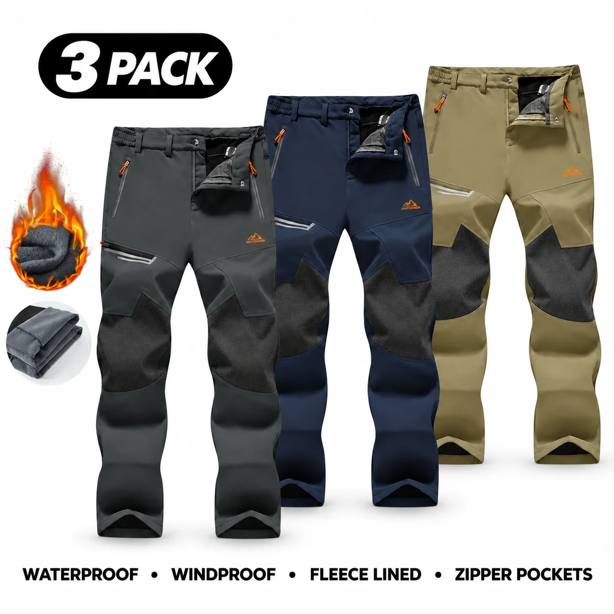 Men's Water-Resistant Fleece-Lined Snow Pants with 4 Zip Pockets & Reinforced Knees
