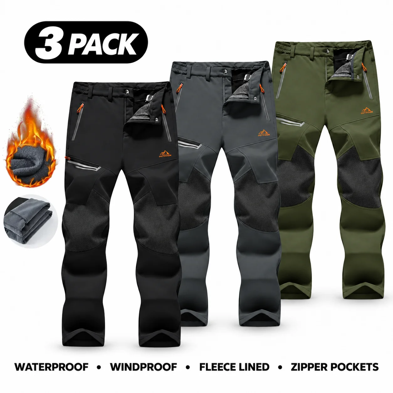 Men's Water-Resistant Fleece-Lined Snow Pants with 4 Zip Pockets & Reinforced Knees