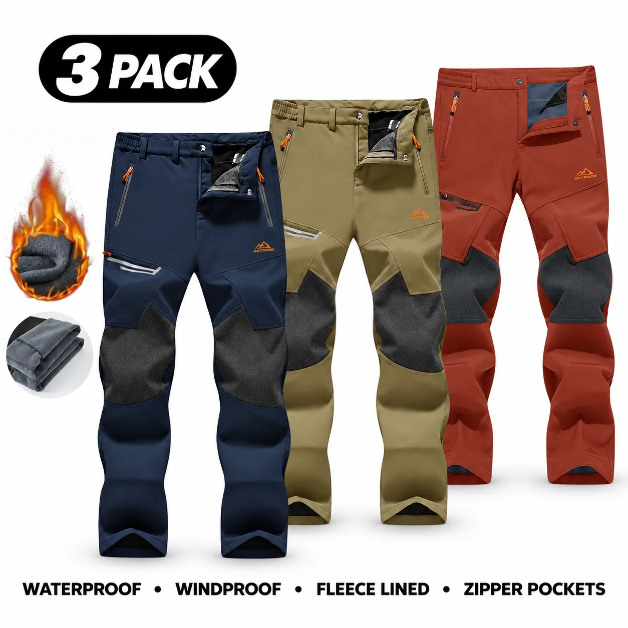 Men's Water-Resistant Fleece-Lined Snow Pants with 4 Zip Pockets & Reinforced Knees
