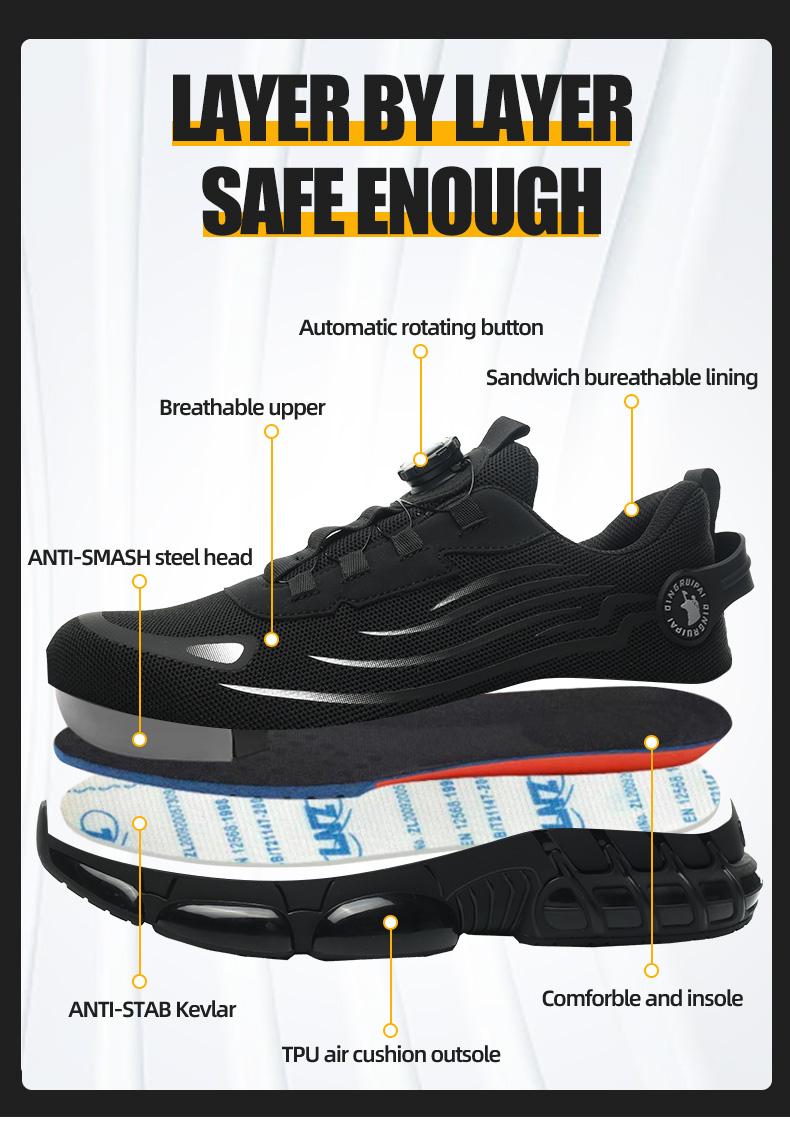 Men's Lace Up Low Top Anti Piercing & Anti Smashing Safety Shoes with Rotating Button, Casual Comfortable Breathable Contrast Mesh Work Shoes, Contrast Mesh Design Anti-slip Shoes for Outdoor Work, Working Shoes