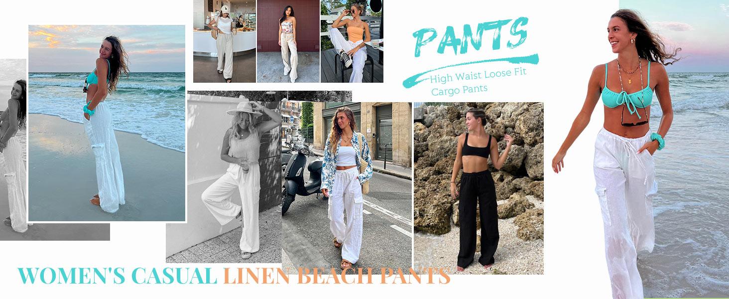 UANEO SummerVibes Women's Baggy Wideleg Pants Casual Elastic Waisted Palazzo Harem Pants with Pockets